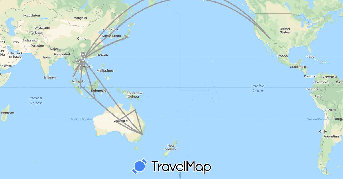 TravelMap itinerary: plane in Australia, Indonesia, Japan, Cambodia, South Korea, Singapore, Thailand, United States, Vietnam (Asia, North America, Oceania)